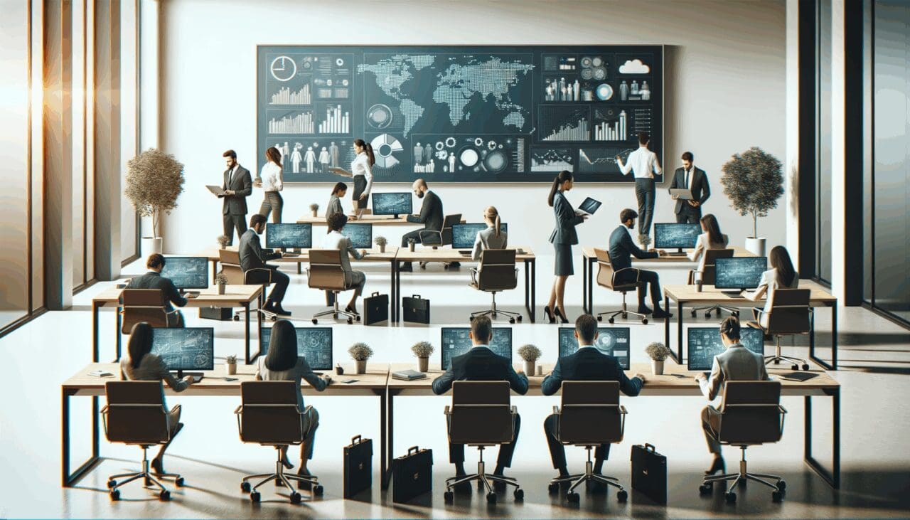 Oficina moderna con emprendedores trabajando en laptops y pantallas con gráficos