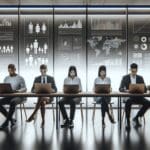 Grupo de personas usando laptops en una oficina moderna con gráficos en pantalla