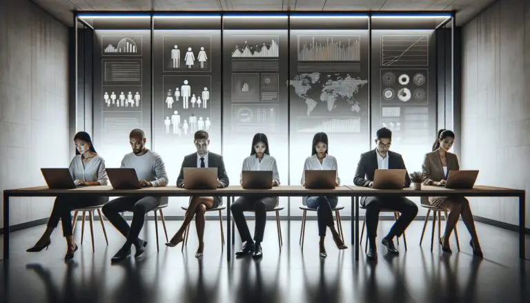 Grupo de personas usando laptops en una oficina moderna con gráficos en pantalla
