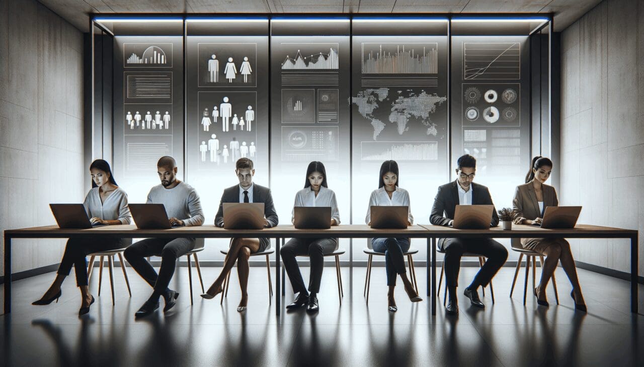 Grupo de personas usando laptops en una oficina moderna con gráficos en pantalla