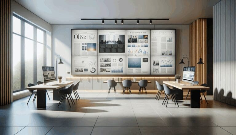 Oficina moderna con pantallas mostrando gráficos y documentos digitales