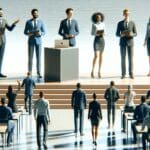 Emprendedores presentando en un escenario moderno durante una conferencia tecnológica