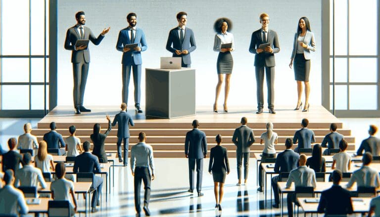 Emprendedores presentando en un escenario moderno durante una conferencia tecnológica