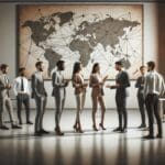 Jóvenes emprendedores conversando frente a un mapa de conexiones globales en una oficina moderna