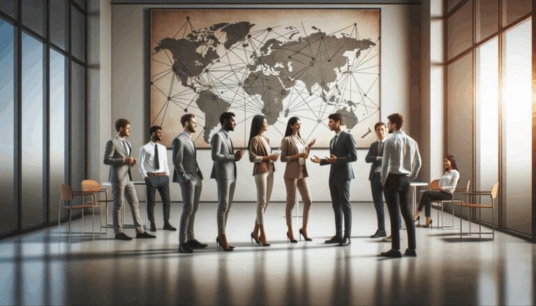 Jóvenes emprendedores conversando frente a un mapa de conexiones globales en una oficina moderna