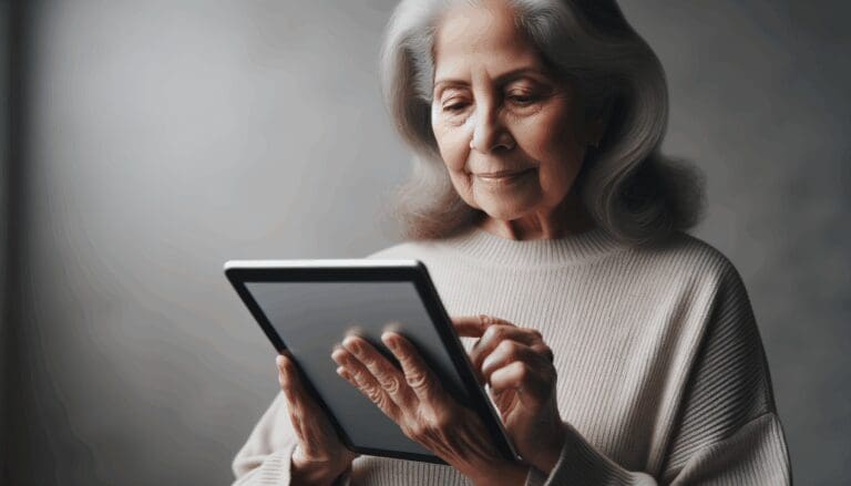 Primer plano de una persona mayor usando una tableta con una interfaz sencilla