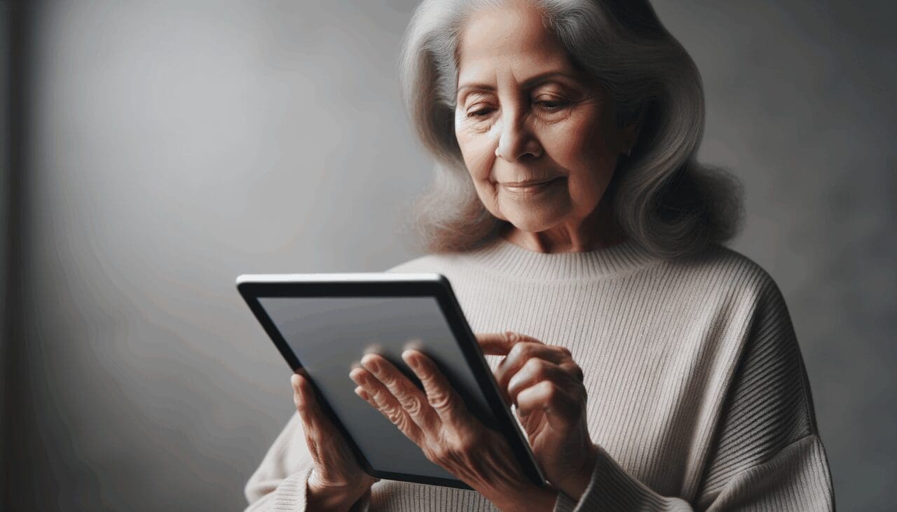 Primer plano de una persona mayor usando una tableta con una interfaz sencilla
