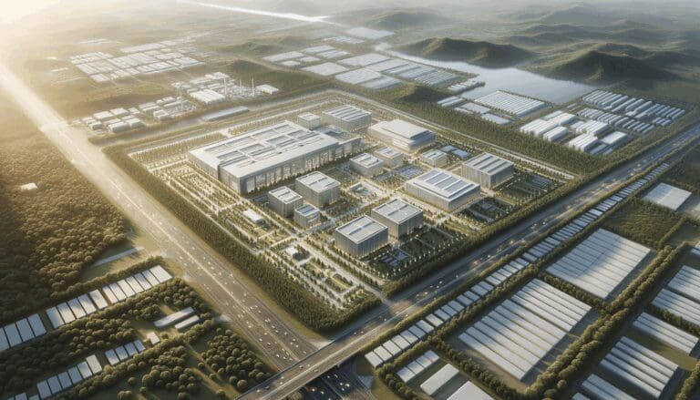 Vista aérea de un parque tecnológico moderno rodeado de naturaleza