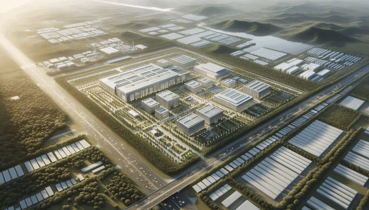 Vista aérea de un parque tecnológico moderno rodeado de naturaleza