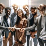 Jóvenes emprendedores estrechando manos en una cumbre tecnológica internacional