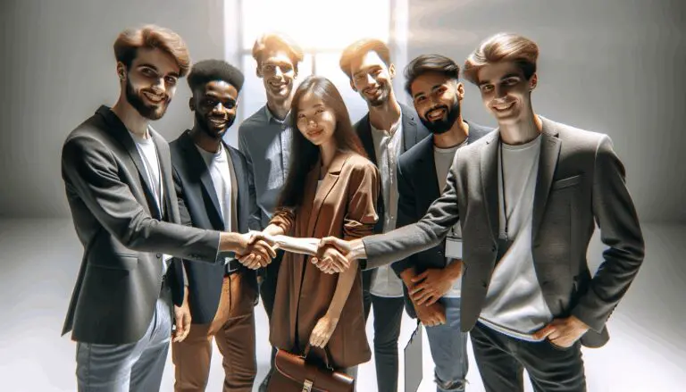 Jóvenes emprendedores estrechando manos en una cumbre tecnológica internacional