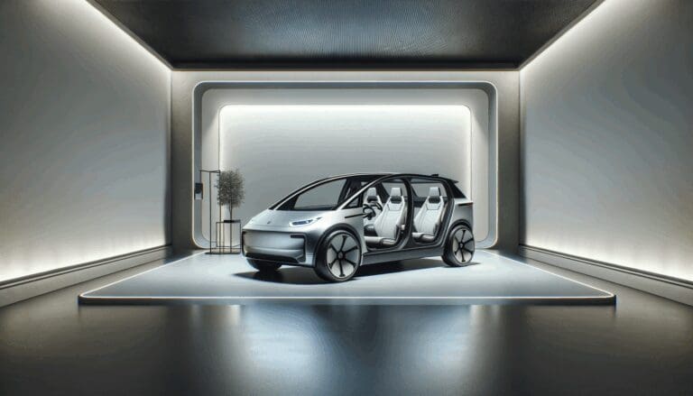 Interior minimalista de un auto eléctrico en un entorno futurista