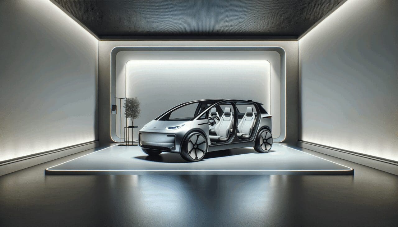 Interior minimalista de un auto eléctrico en un entorno futurista