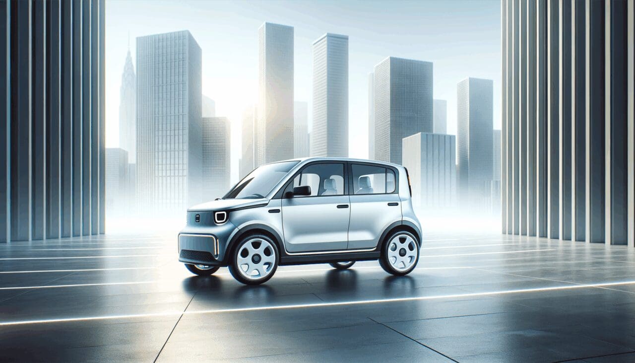 Auto eléctrico compacto en un entorno urbano moderno con fondo minimalista