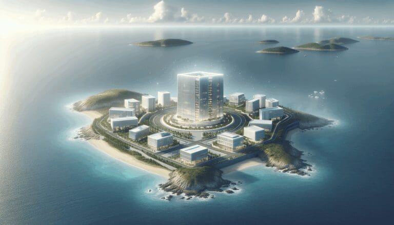 Vista aérea de una isla con paisaje costero y centro de innovación moderno
