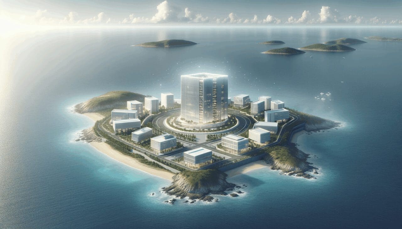 Vista aérea de una isla con paisaje costero y centro de innovación moderno