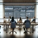 Oficina moderna con empleados revisando datos financieros en pantallas digitales