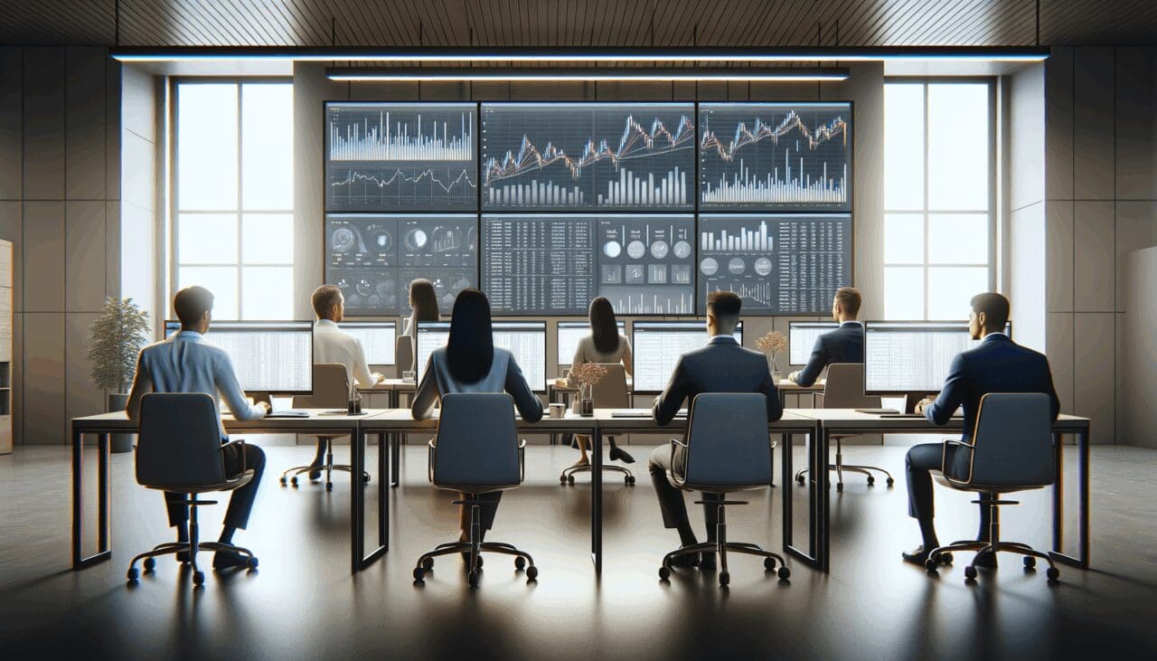 Oficina moderna con empleados revisando datos financieros en pantallas digitales