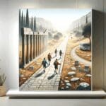 Senderistas recorriendo un antiguo trazado vial rodeado de naturaleza en un entorno rural moderno