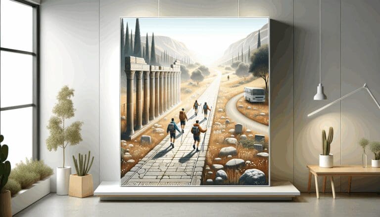 Senderistas recorriendo un antiguo trazado vial rodeado de naturaleza en un entorno rural moderno