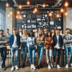 Jóvenes emprendedores reunidos en un coworking moderno con pantallas y pizarras de estrategia