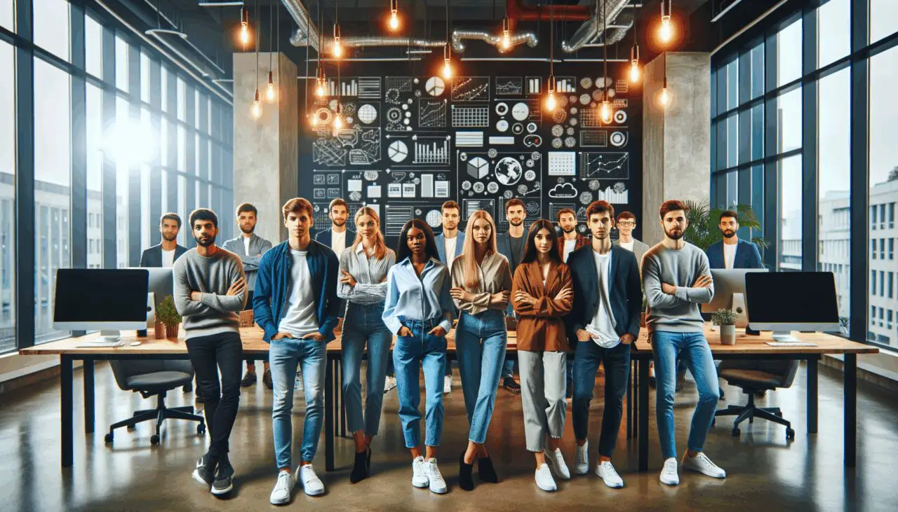 Jóvenes emprendedores reunidos en un coworking moderno con pantallas y pizarras de estrategia