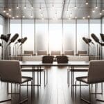 Sala de entrevistas moderna con luz natural y laptops en una mesa compartida