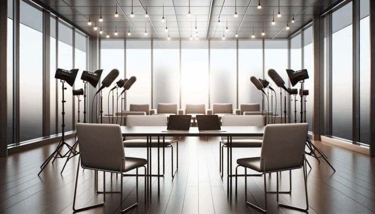 Sala de entrevistas moderna con luz natural y laptops en una mesa compartida