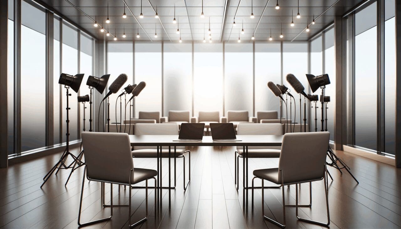 Sala de entrevistas moderna con luz natural y laptops en una mesa compartida