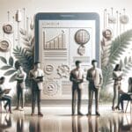 Emprendedores en una presentación de pitch rodeados de tecnología y naturaleza