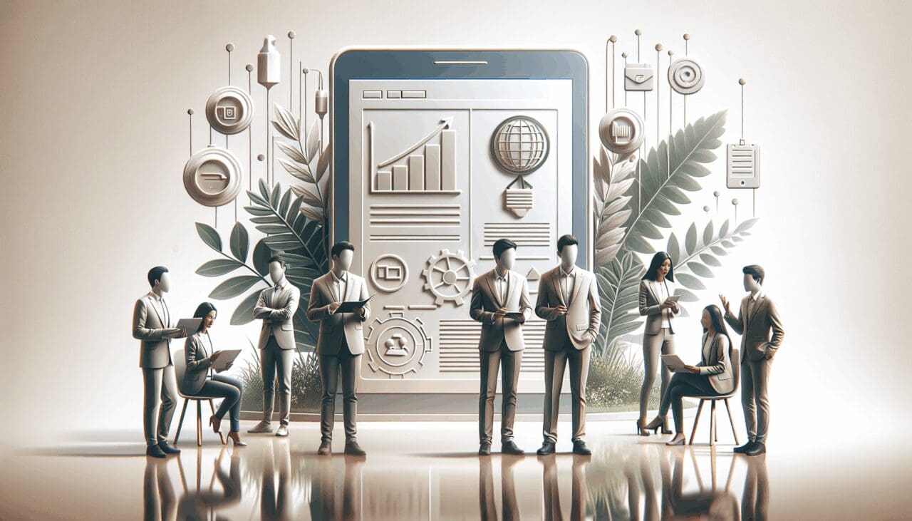 Emprendedores en una presentación de pitch rodeados de tecnología y naturaleza