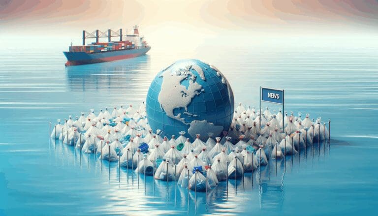 Red de recolección de plástico flotante en mar abierto con una embarcación de fondo
