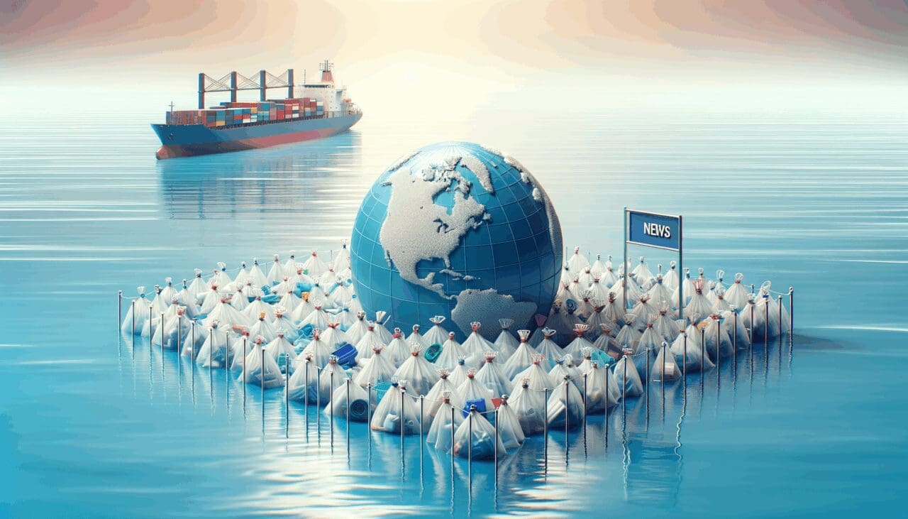 Red de recolección de plástico flotante en mar abierto con una embarcación de fondo