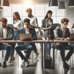 Equipo de jóvenes emprendedores trabajando en una oficina moderna con laptops