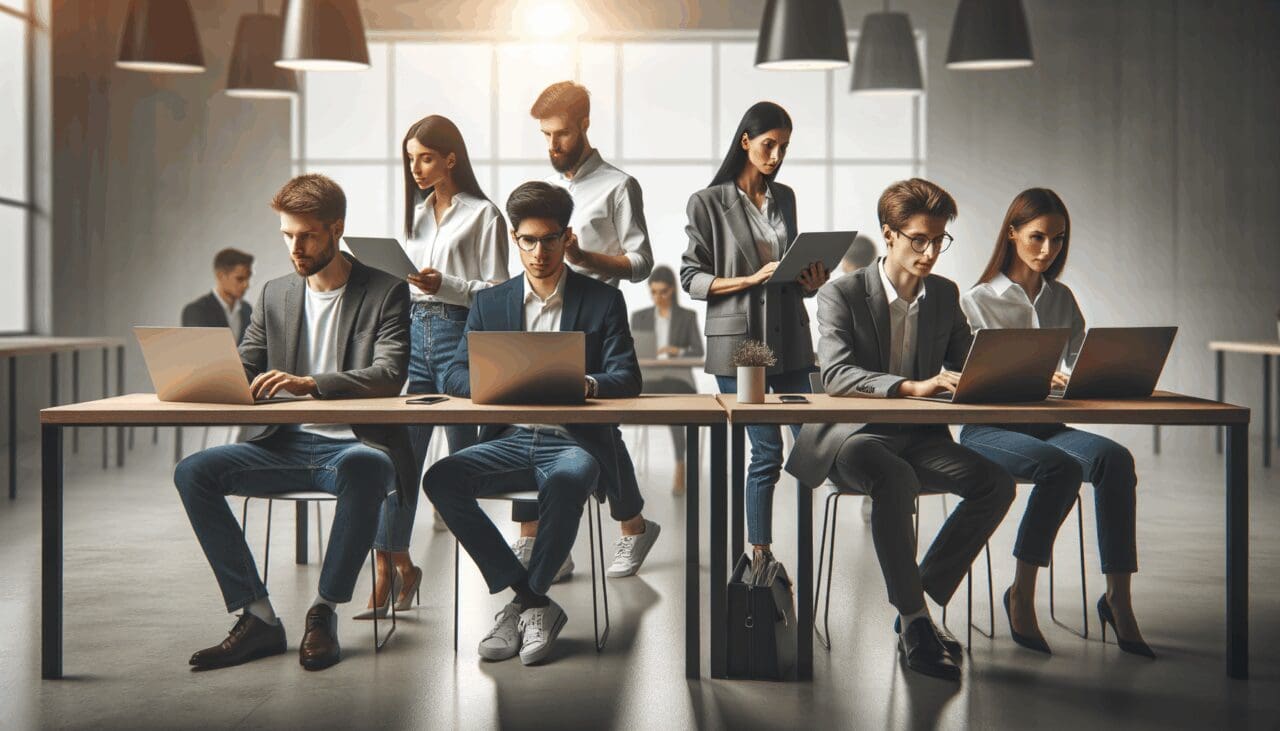 Equipo de jóvenes emprendedores trabajando en una oficina moderna con laptops