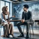 Dos jóvenes emprendedores conversan frente a una pantalla con gráficos en una oficina moderna