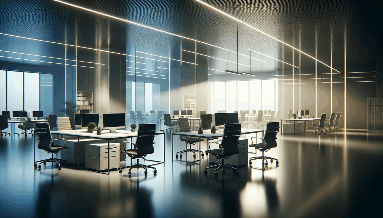 Oficinas modernas vacías con luz tenue y sillas desocupadas en un entorno tecnológico