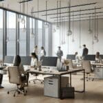 Oficinas modernas de una startup tecnológica con equipos colaborando en escritorios