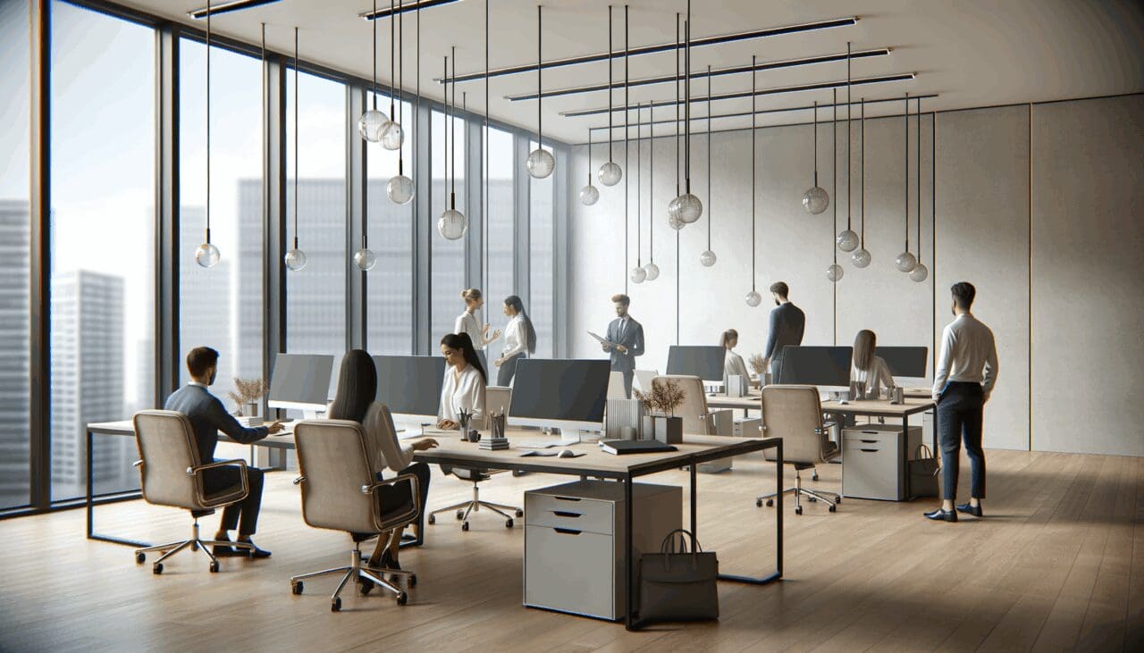 Oficinas modernas de una startup tecnológica con equipos colaborando en escritorios