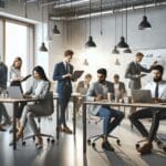 Personas colaborando en un espacio de coworking moderno con laptops y pizarras