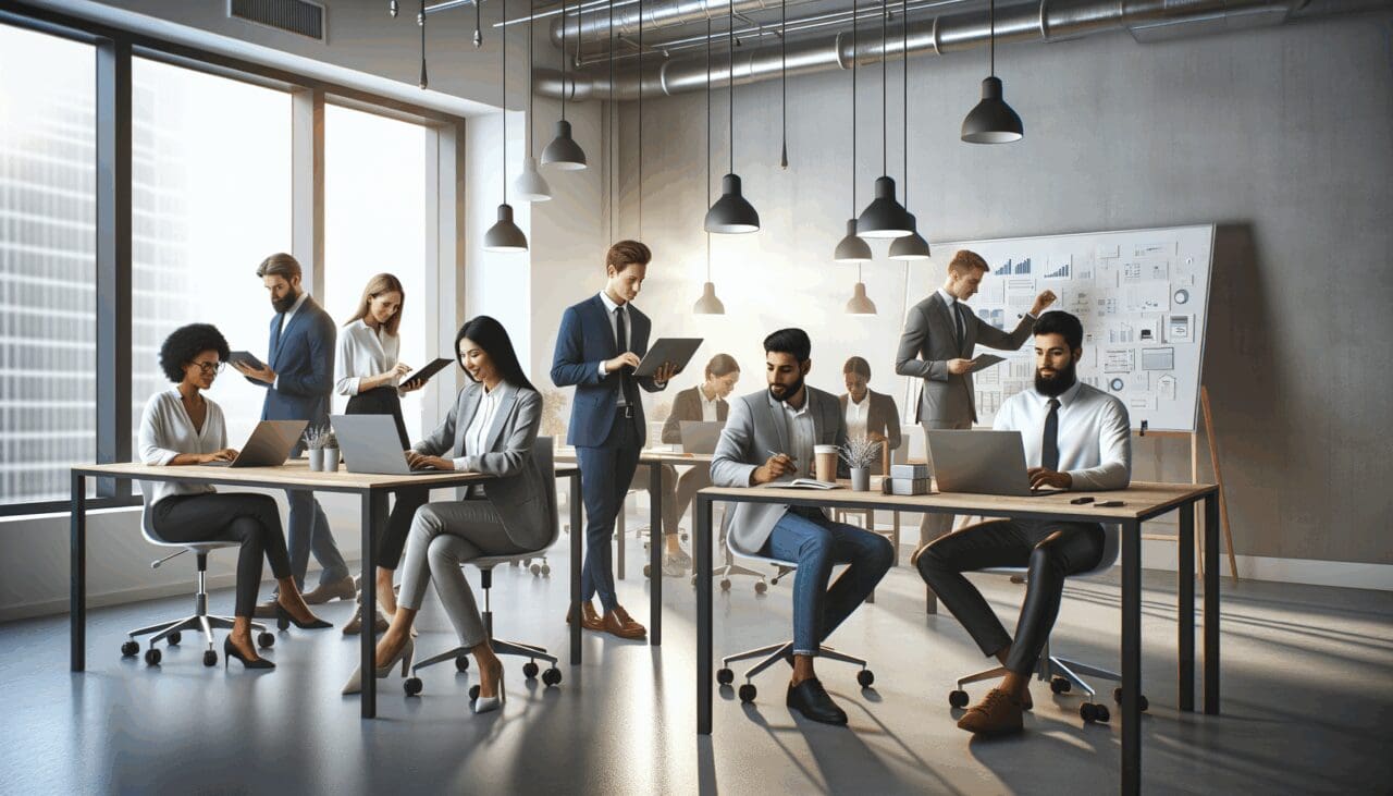 Personas colaborando en un espacio de coworking moderno con laptops y pizarras
