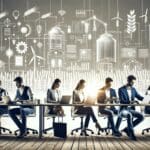 Jóvenes emprendedores trabajando en una oficina moderna rodeada de elementos agrícolas digitales