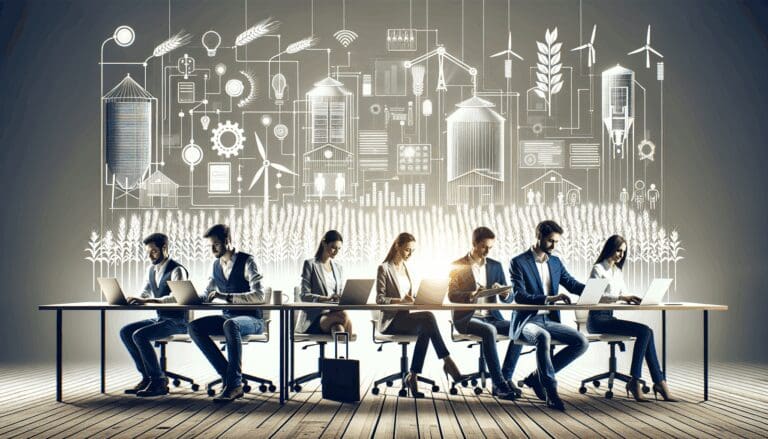 Jóvenes emprendedores trabajando en una oficina moderna rodeada de elementos agrícolas digitales