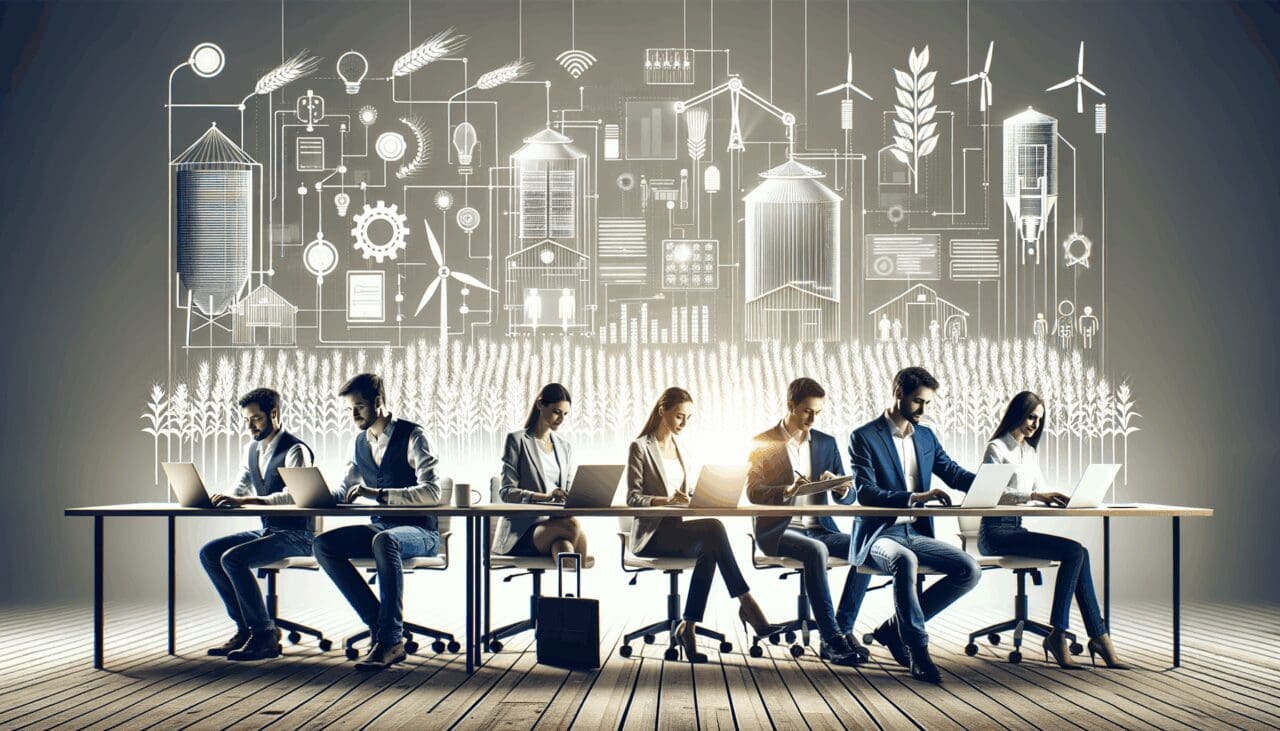 Jóvenes emprendedores trabajando en una oficina moderna rodeada de elementos agrícolas digitales