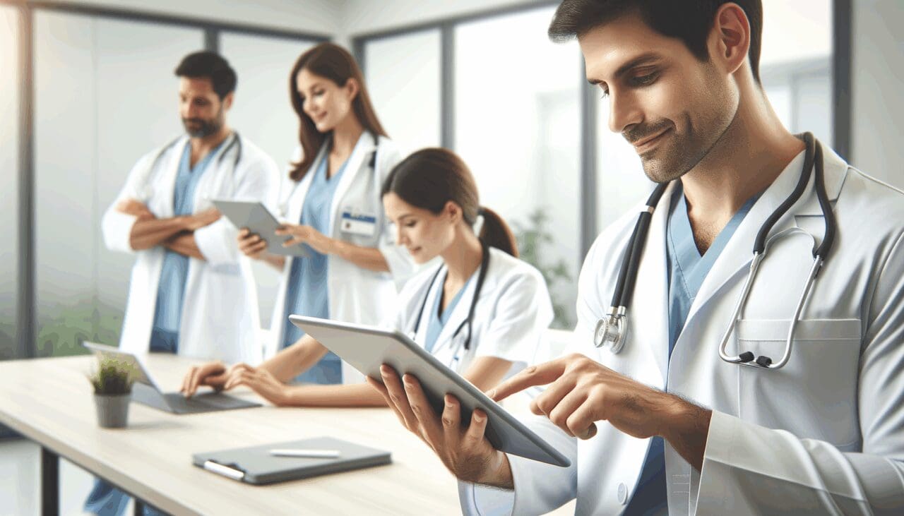 Equipo médico en una sala de descanso, usando una aplicación en una tablet