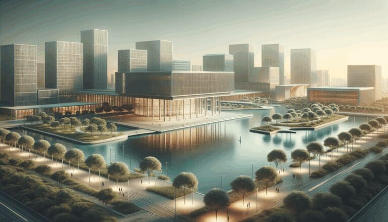 Paisaje urbano con lago y arquitectura moderna en entorno natural