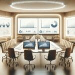 Sala de reuniones en una oficina moderna, con computadoras y gráficos en pantallas