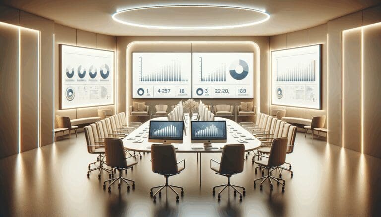 Sala de reuniones en una oficina moderna, con computadoras y gráficos en pantallas
