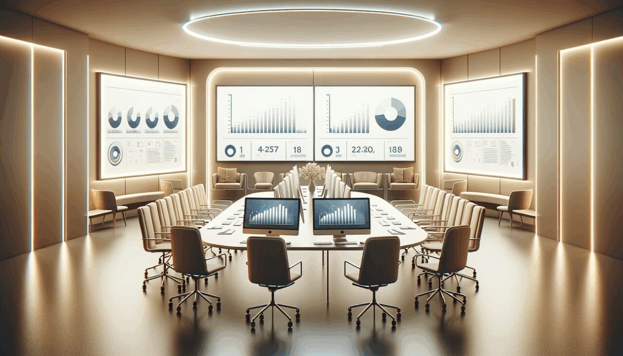 Sala de reuniones en una oficina moderna, con computadoras y gráficos en pantallas