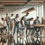 Equipo de emprendedores trabajando juntos en un espacio de coworking moderno.